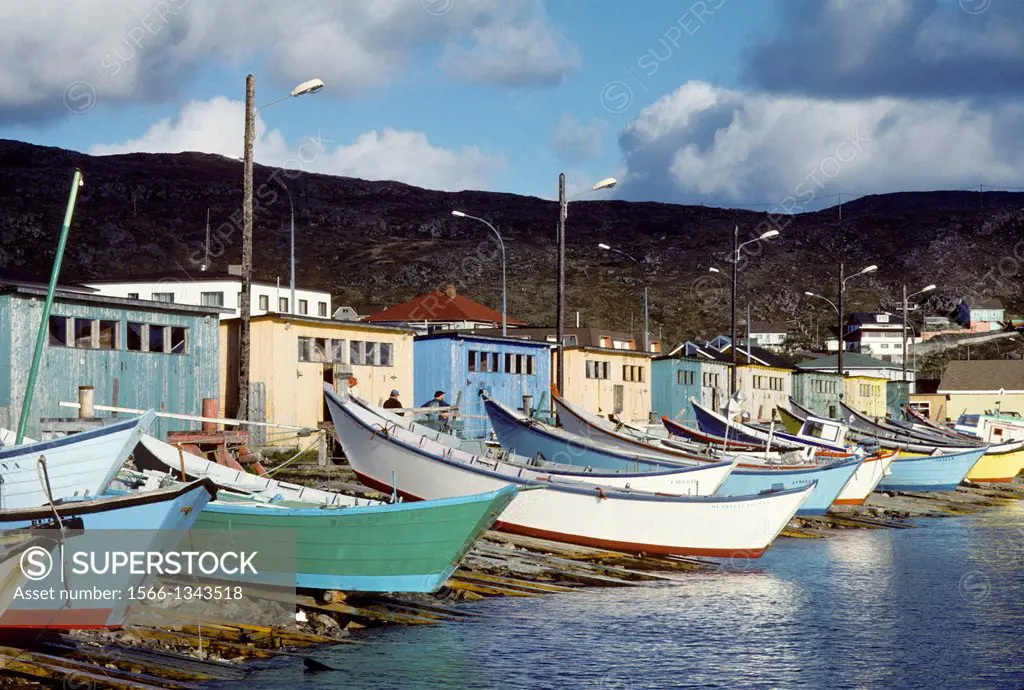 ST. PIERRE & MIQUELON ISL. (FRENCH ISLANDS), ST. PIERRE, FISHING BOATS AND HUTS.