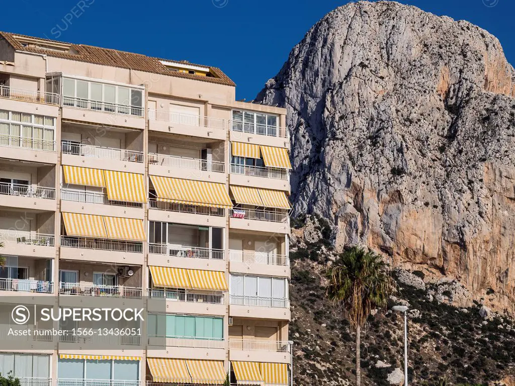 Building and Penyal d´Ifac rock, Calpe, Alicante province, Comunidad Valenciana, Spain
