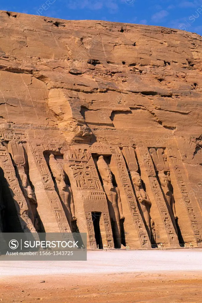 EGYPT, ABU SIMBEL, SMALL TEMPLE OF ABU SIMBEL, FACADE, RAMSES II AND NEFERTARI-HATHOR.