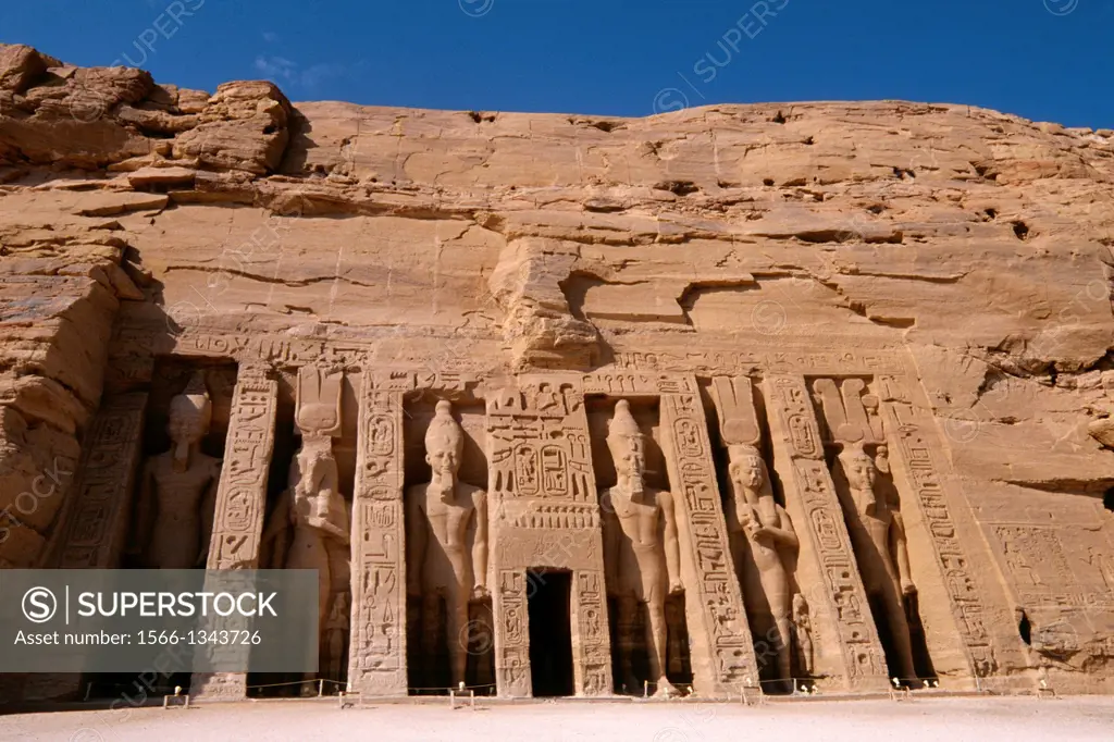 EGYPT, ABU SIMBEL, SMALL TEMPLE OF ABU SIMBEL, FACADE, RAMSES II AND NEFERTARI-HATHOR.