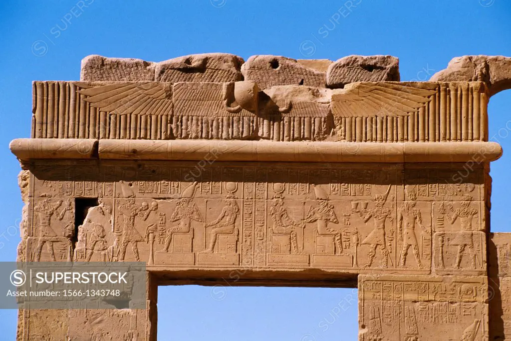 EGYPT, ASWAN, NILE RIVER, AGILKIA ISLAND, PHILAE, GATE WITH RELIEF CARVINGS.