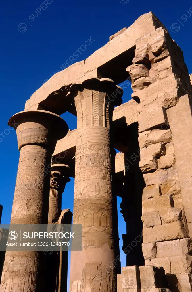 EGYPT, NILE RIVER, KOM OMBO TEMPLE, SIDE VIEW OF PRONAOS.
