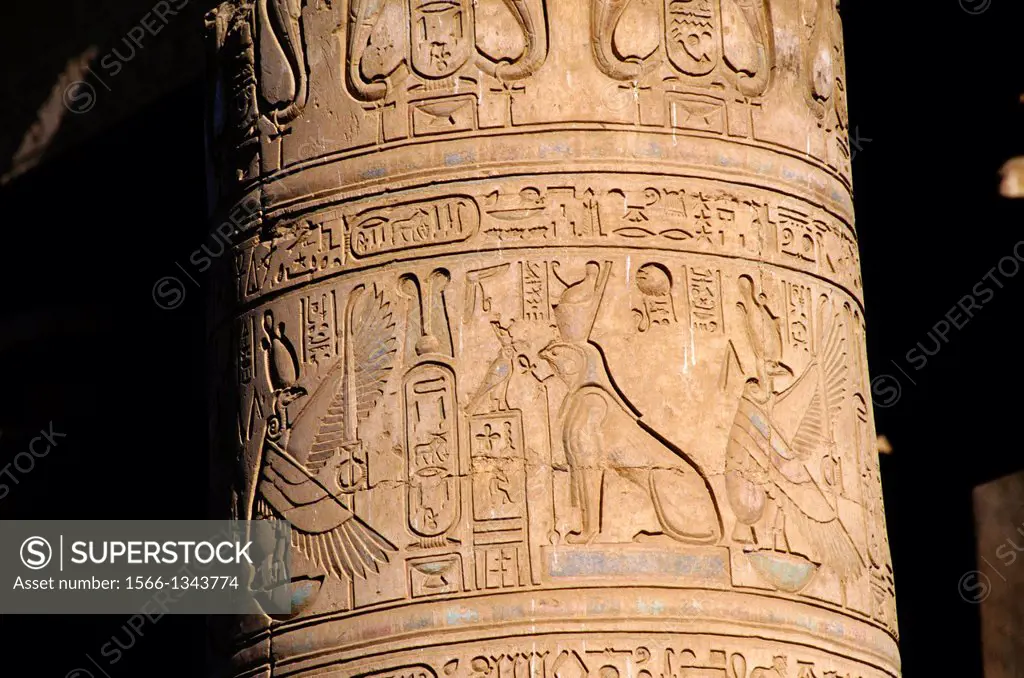 EGYPT, NILE RIVER, KOM OMBO TEMPLE, COLUMN WITH RELIEF CARVING.