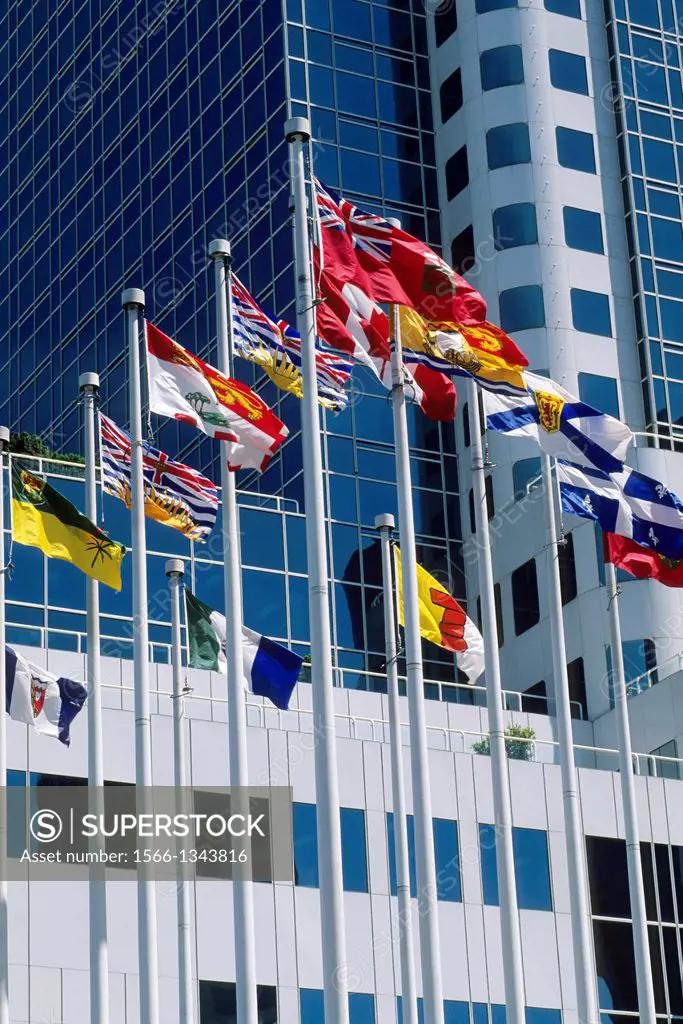 CANADA, BRITISH COLUMBIA, VANCOUVER, CRUISE SHIP TERMINAL, CANADIAN PROVINCIAL FLAGS.