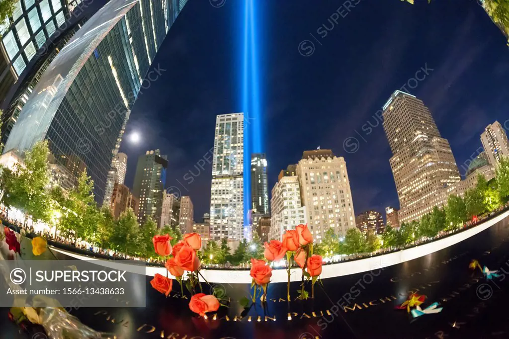 The Tribute in Light shines over the 9/11 Memorial in New York on Sunday, September 11, 2016 for the 15th anniversary of the September 11, 2001 terror...