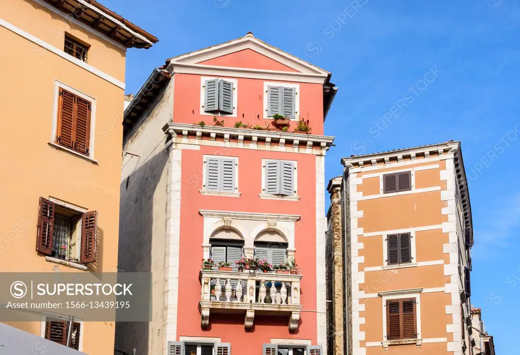 Detail of colourful buildings in the old town of Rovinj, Istria, Croatia.