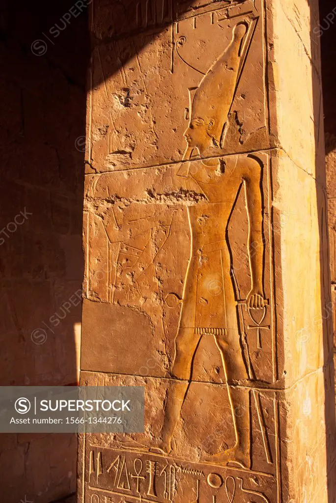 EGYPT, NILE RIVER, NEAR LUXOR, TEMPLE OF HATSHEPSUT, CHAPEL OF HATHOR, RELIEF CARVING.