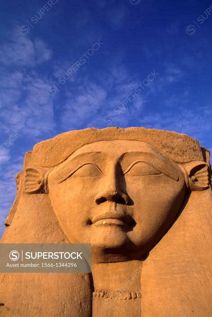 EGYPT, NILE RIVER, NEAR DENDERA, TEMPLE OF HATHOR, CARVING OF HATHOR.