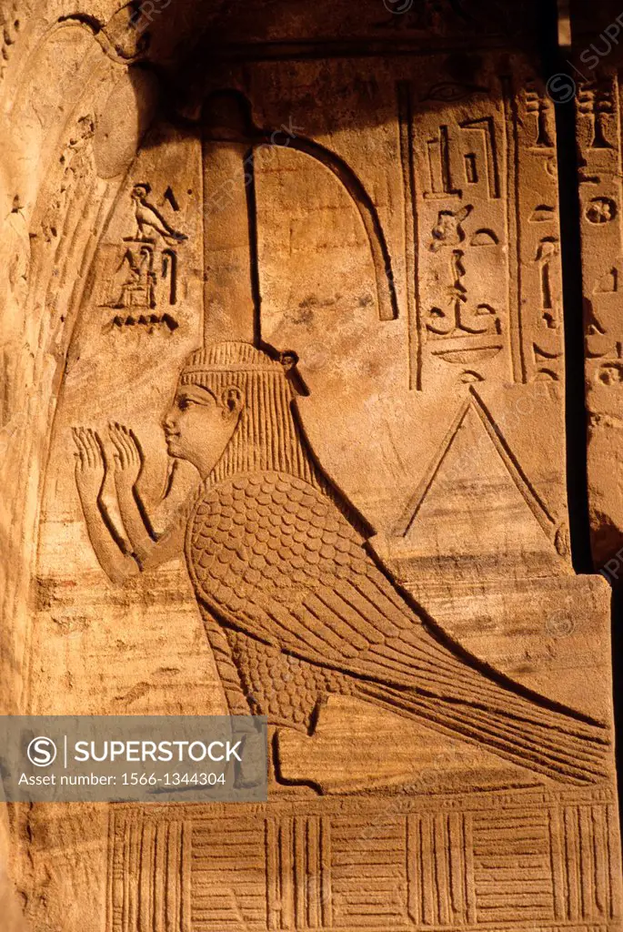 EGYPT, DENDERA, TEMPLE OF DENDERA, TEMPLE OF HATHOR, CARVING, BA, HUMAN HEADED SPIRIT.