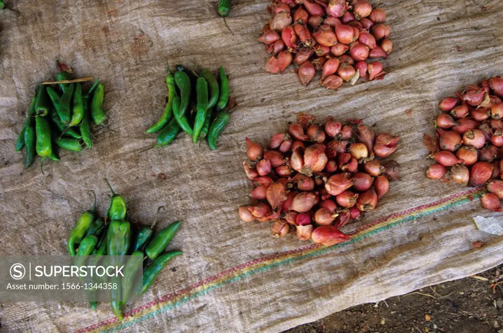 ETHIOPIA, BAHAR DAR, MARKET SCENE, GREEN CHILI PEPPERS AND SHALLOTS.