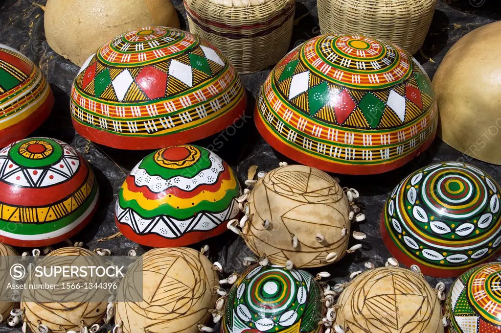 MALI, NEAR DJENNE, COLORFUL PAINTED GOURDS.