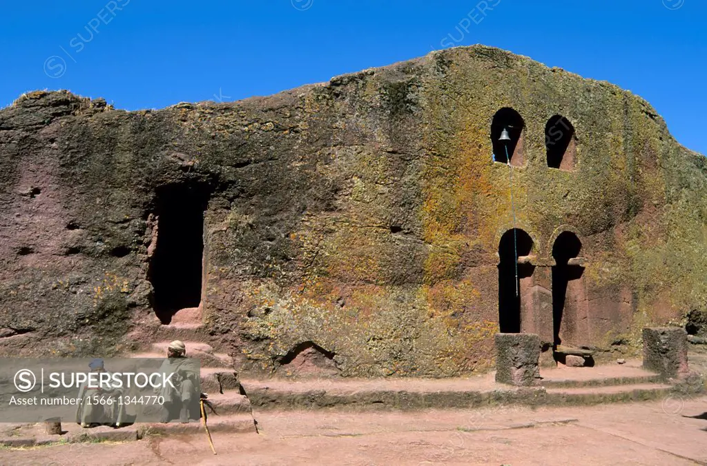 ETHIOPIA, LALIBELA, UNESCO WORLD HERITAGE SITE, CHURCH CARVED INTO ROCK, LOCAL PEOPLE.