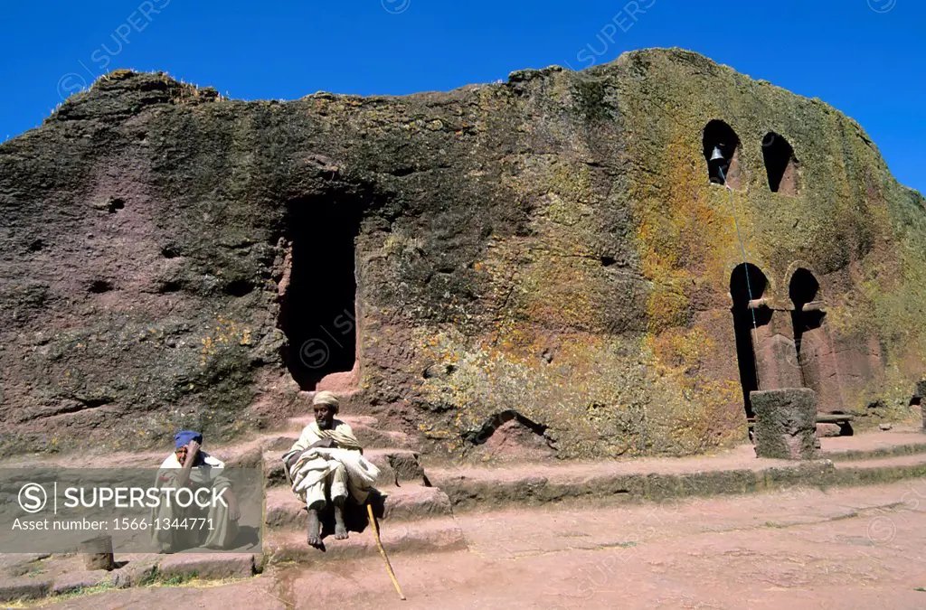 ETHIOPIA, LALIBELA, UNESCO WORLD HERITAGE SITE, CHURCH CARVED INTO ROCK, LOCAL PEOPLE.
