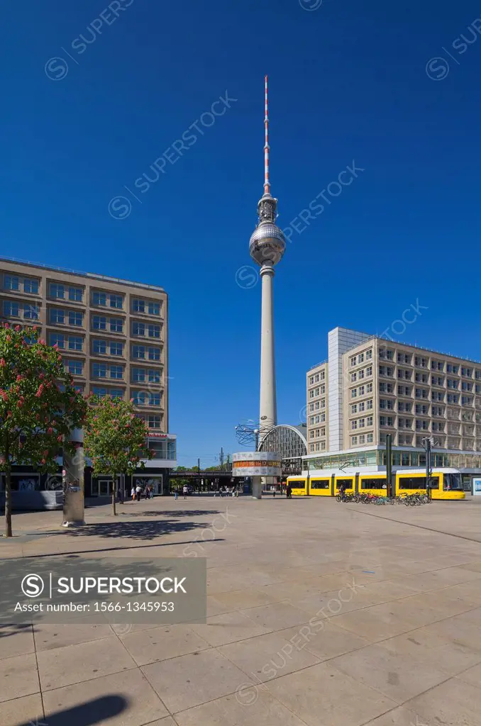 the square Alexanderplatz with TV Tower and World Time Clock, Alexanderhaus building and Berolinahaus building Peter Behrens, Mitte district, Berlin, ...