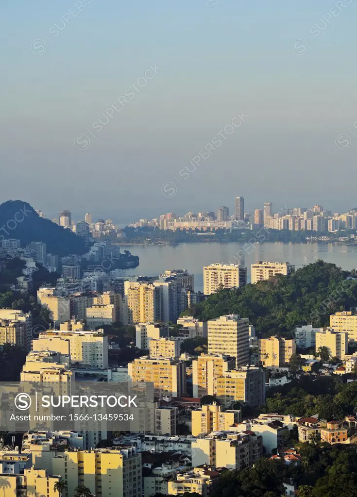 Brazil, City of Rio de Janeiro, Santa Marta, Elevated view over Humaita and Lagoa towards the Rodrigo de Freitas Lagoon.