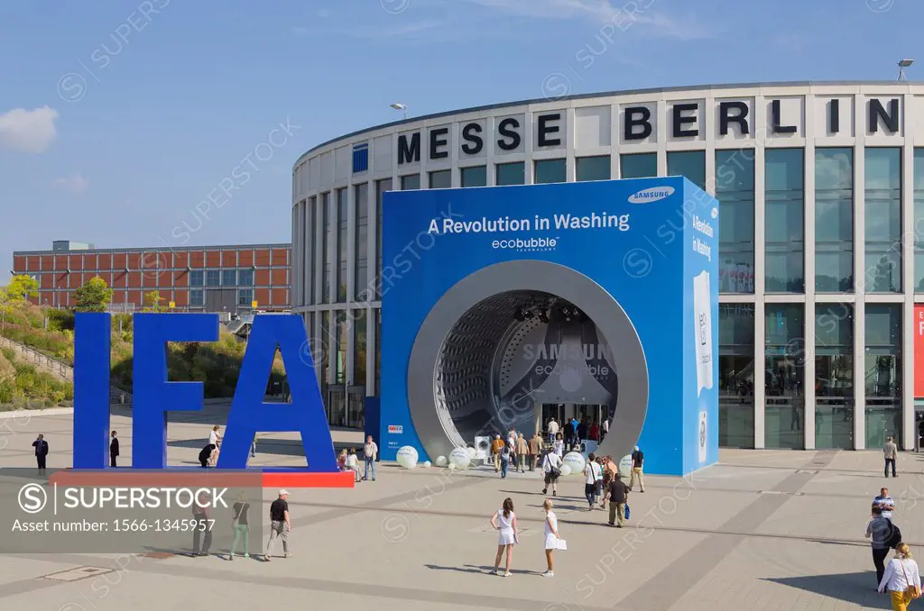 Entrance south to trade fair IFA ""Internationale Funkausstellung"", Consumer Electronics Trade Fair through a large washing machine billboard adverti...