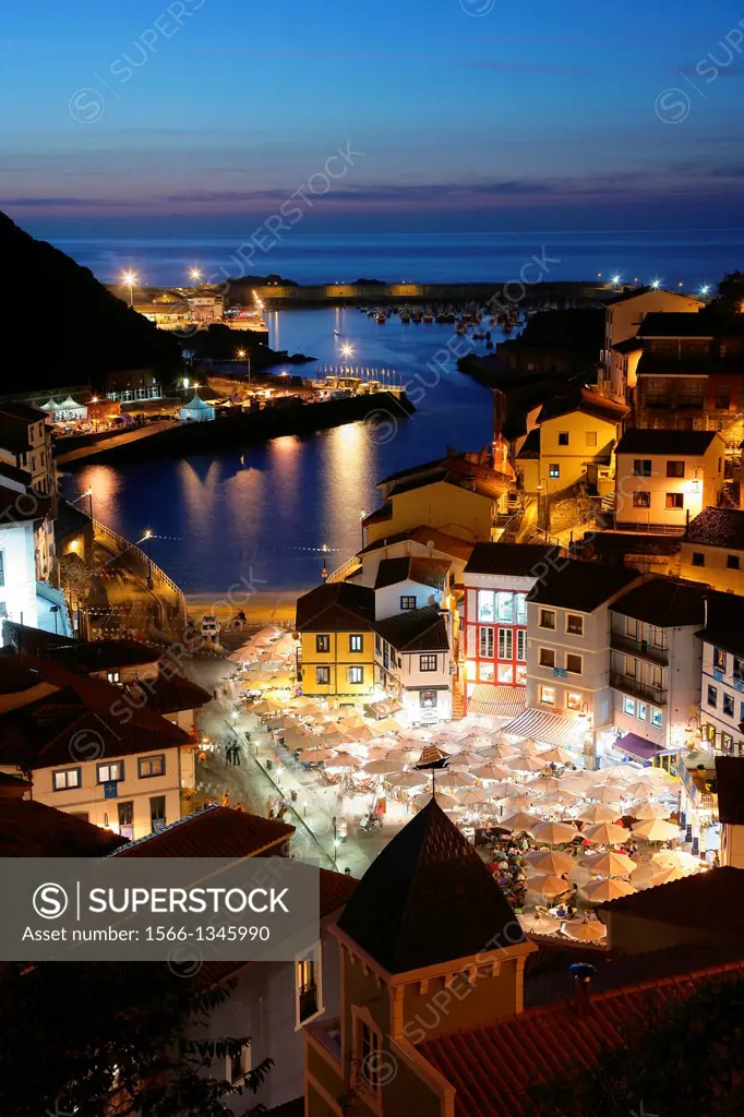 Village of Cudillero at night, central Asturias, Spain.