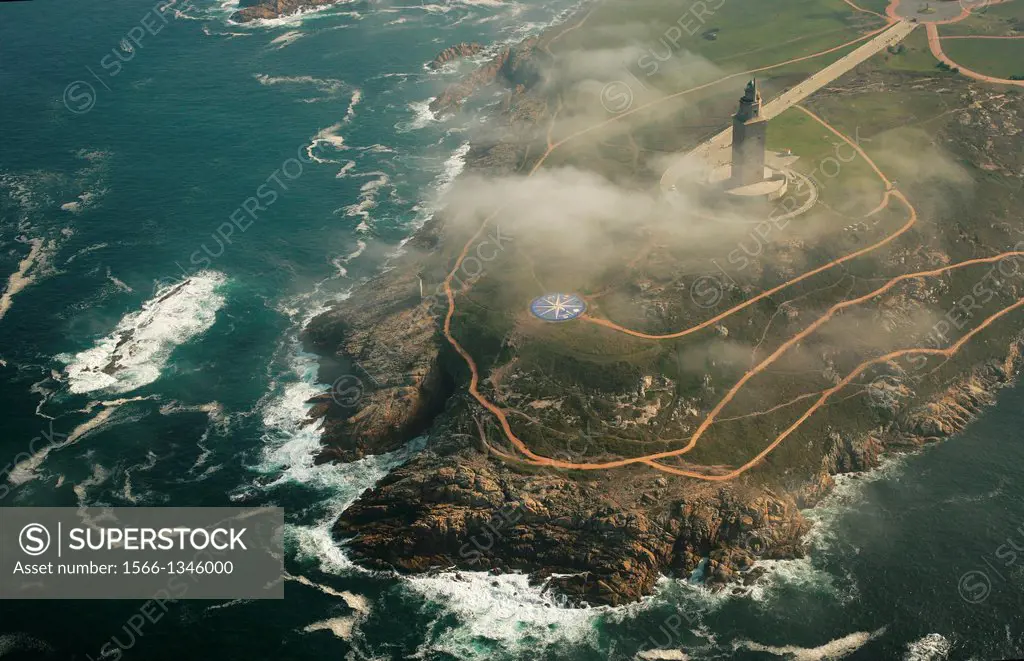 Aerial view of the Tower of Hercules, ancient roman lighthouse still working. A Coruña, Spain.