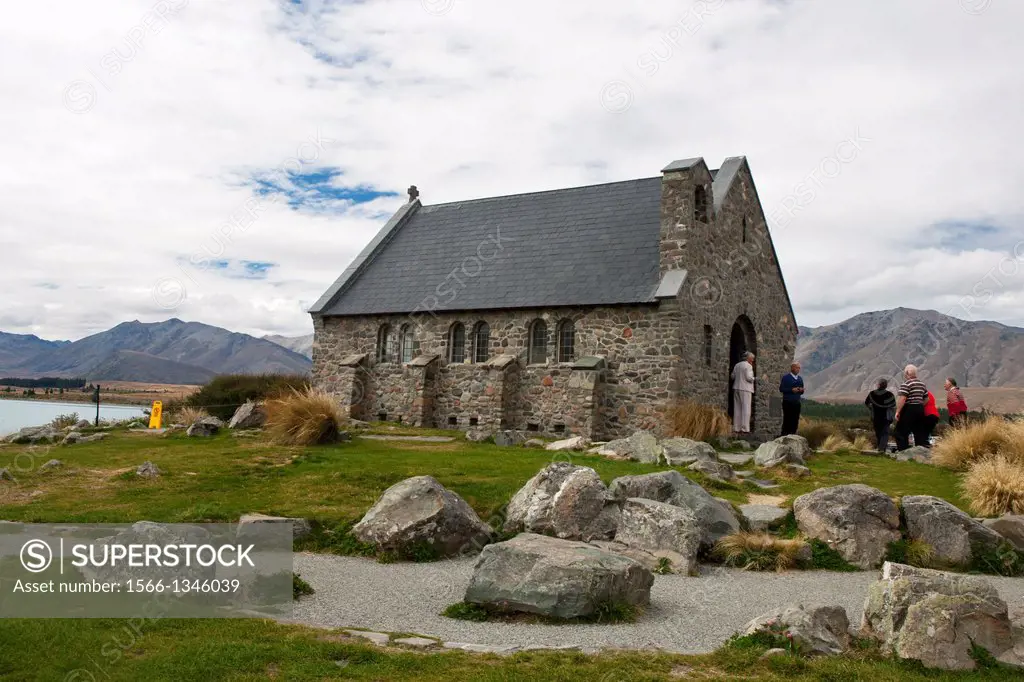 People entering the Church of the Good Shepherd, Lake Tekapo, Mackenzie District, South Island, New Zealand.