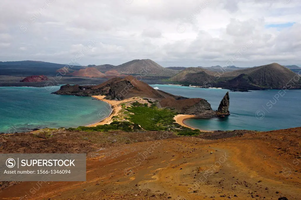 Aerial view from the top of the Summit Trail of the Double-Sided Beach and Pinnacle Rock, Bartolome Island, Galapagos Islands National Park, Galapagos...