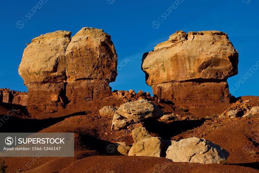 Twin Rocks in late afternoon, Capitol Reef National Park, Utah, United States of America.