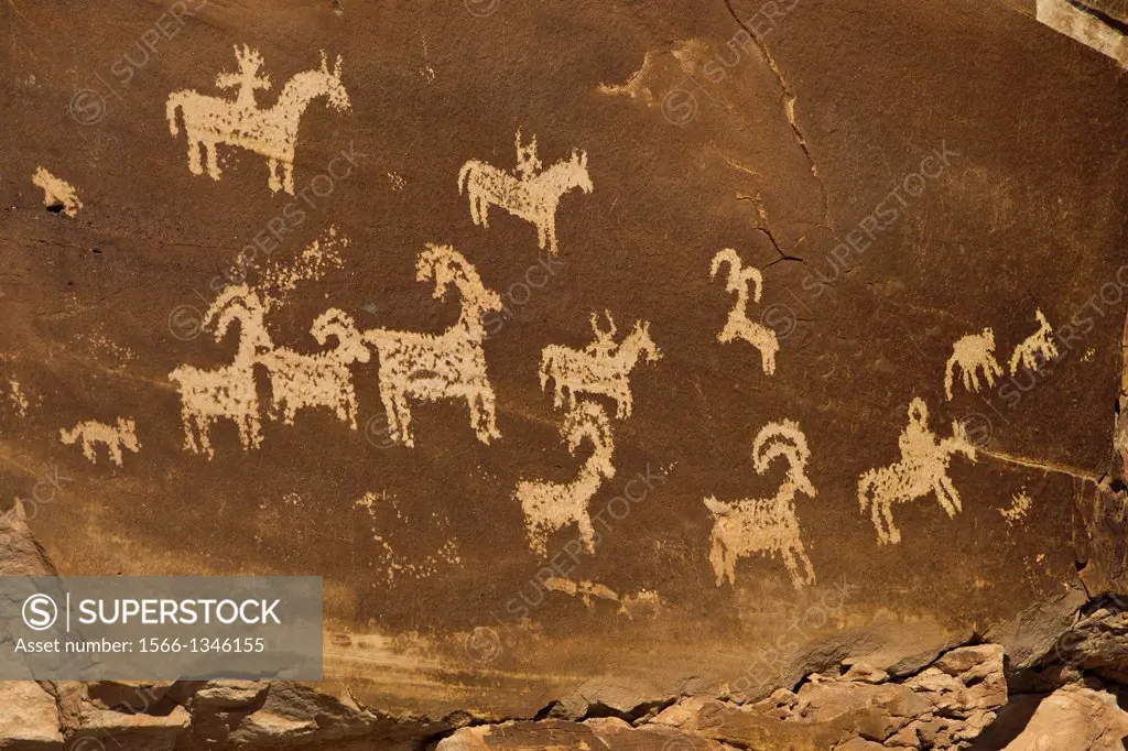 Rock panel with Ute Petroglyph drawings, Arches National Park, Utah, United States of America.