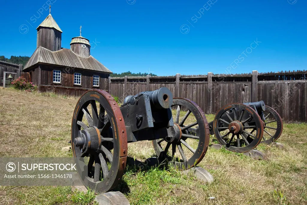 Cannons outside of Holy Trinity St. Nicholas Chapel, Fort Ross State Historic Park, Sonoma County, California, United States of America.
