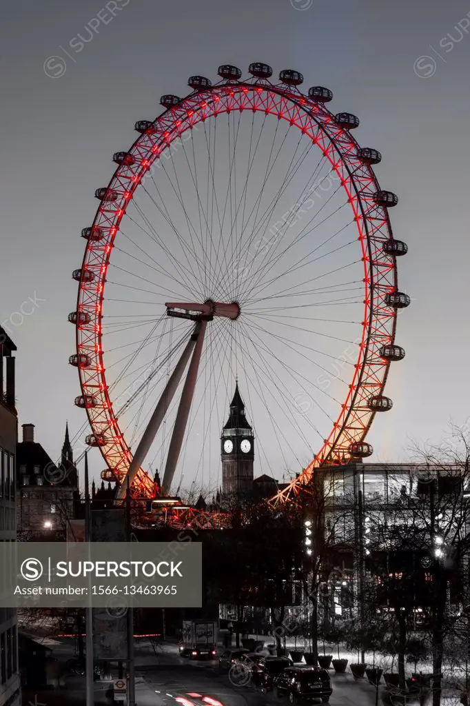 UK, England, London, Millenium Wheel BB framed sunset.