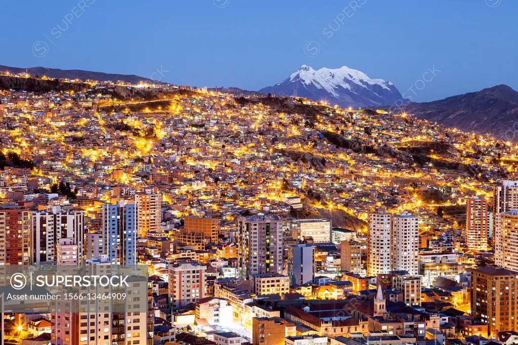 Panoramic view of the city, in background Illimani mountain 6462 m, La Paz, Bolivia.