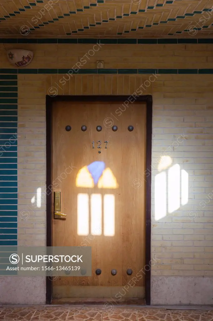 Iran, Central Iran, Yazd, hotel room door.