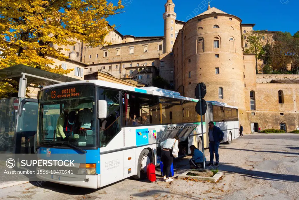 Bus stop, outside old town, Piazza Mercatale, Urbino, Marche, Italy.
