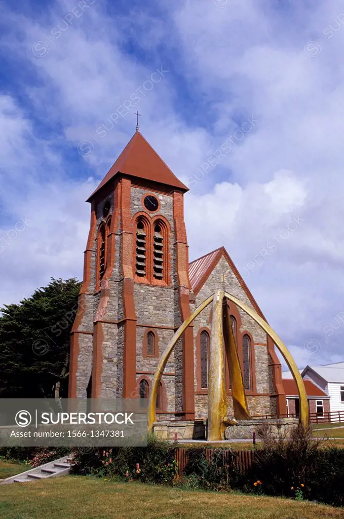 FALKLAND ISLANDS, PORT STANLEY, CHURCH WITH WHALE BONE ARC.