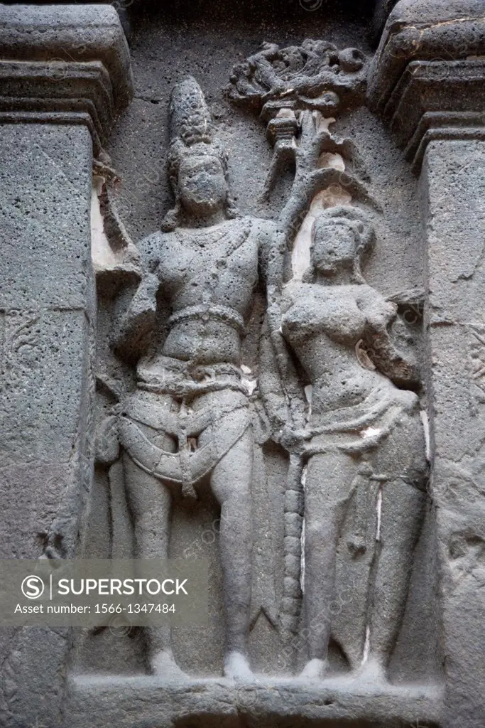 Cave No 16 : Amorous couple in the vicinity of rock-cut temple, Ellora-Maharashtra.