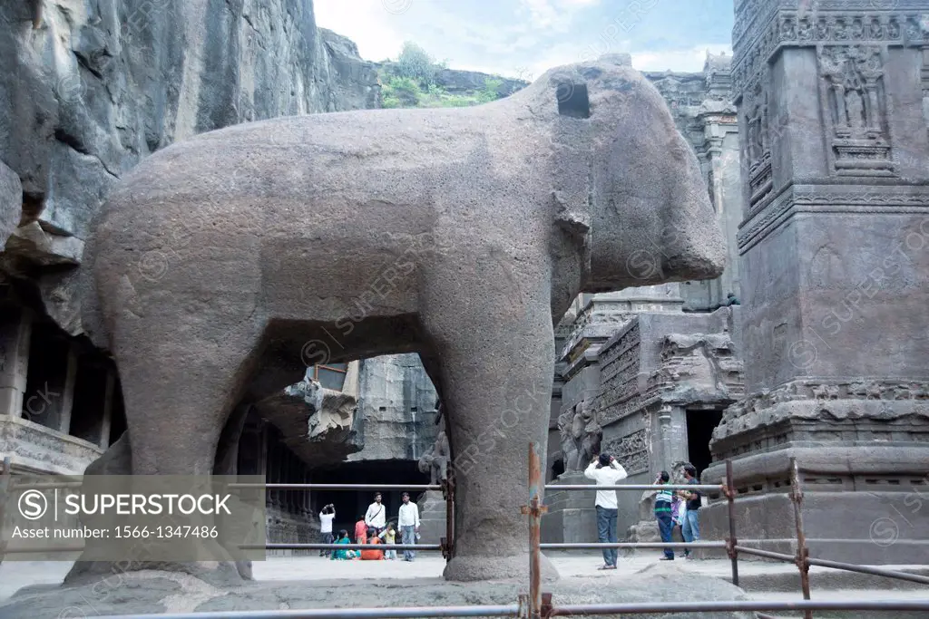 Cave No 16 : The rock-cut elephant in the right wing. Cave Kailasa, Ellora. Maharashtra.