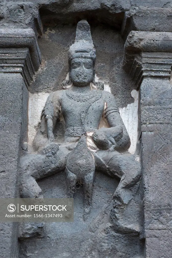 Cave No 16 : Kartikeya (son of Lord Shiva) on his vehicle i.e. riding peacock, on the main temple, Kailasa, Ellora. Maharashtra. 757-772 A.D.