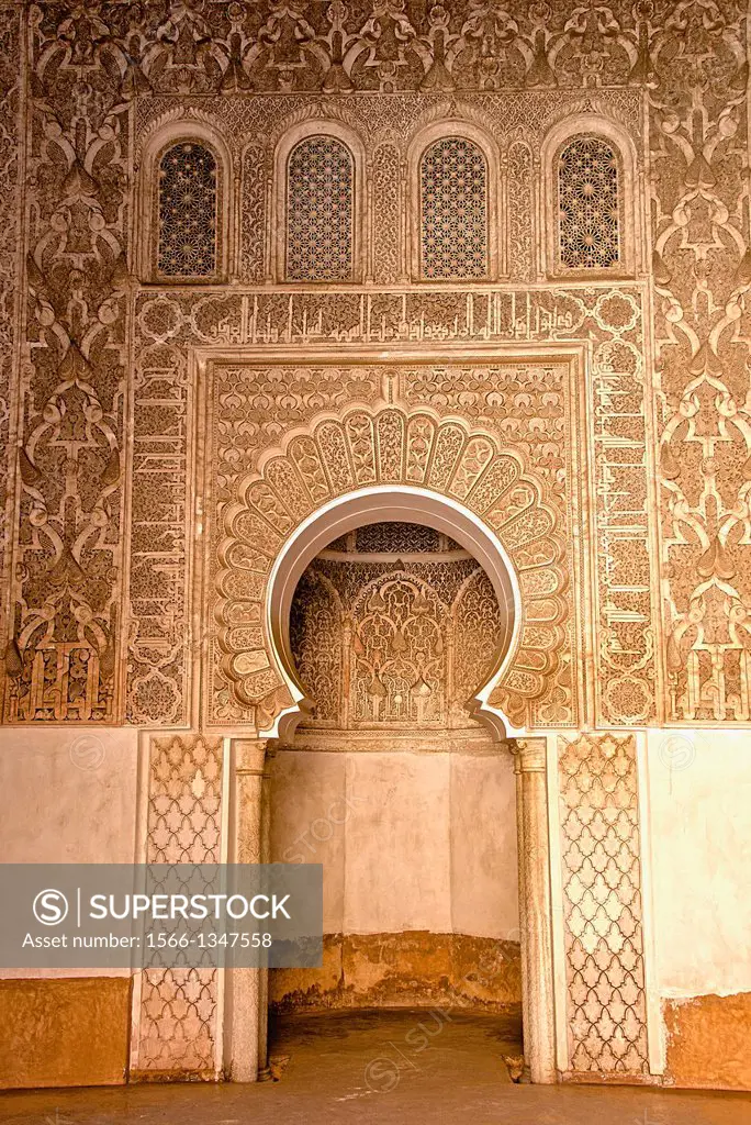 little mosque , mirhab, arch, Medersa Ben Youssef, 1570,arabo-andalusian architecture, coranic school, Marrakech, Morroco.