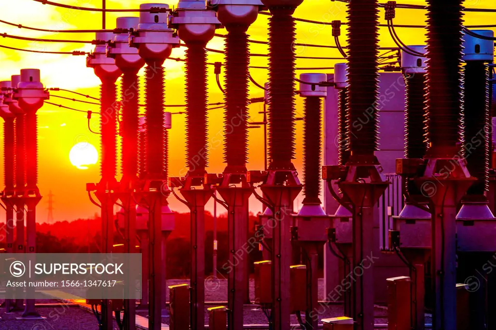 Electric Substation of Pujalt at sunset, eolic park of Pujalt around Sant Marti Sesgueioles, Anoia region, Barcelona province, Catalonia, Spain