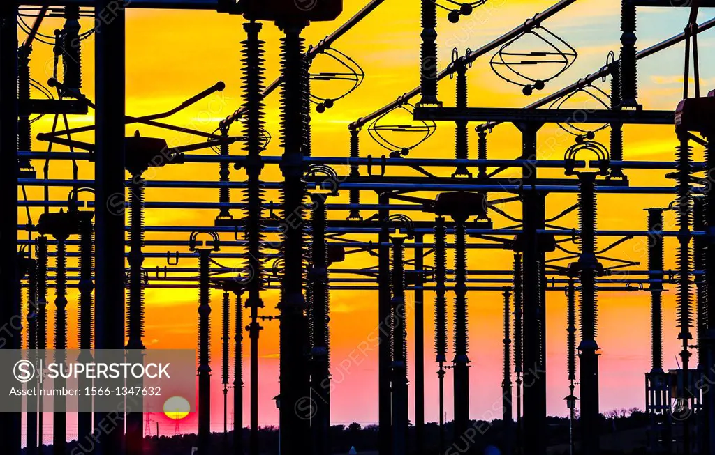 Electric Substation of Pujalt at sunset, eolic park of Pujalt around Sant Marti Sesgueioles, Anoia region, Barcelona province, Catalonia, Spain
