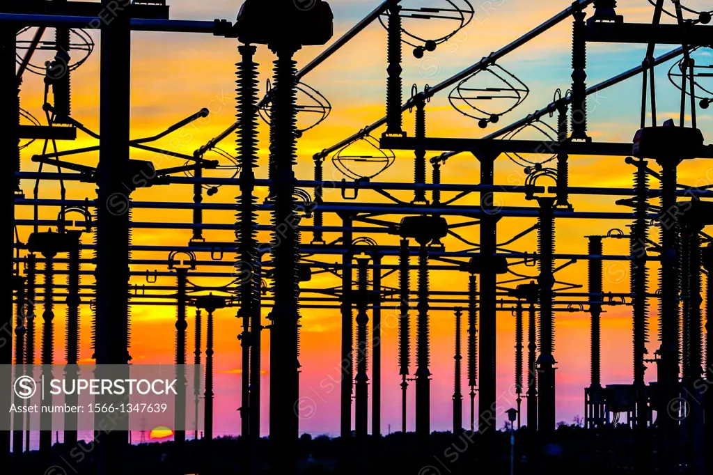 Electric Substation of Pujalt at sunset, eolic park of Pujalt around Sant Marti Sesgueioles, Anoia region, Barcelona province, Catalonia, Spain