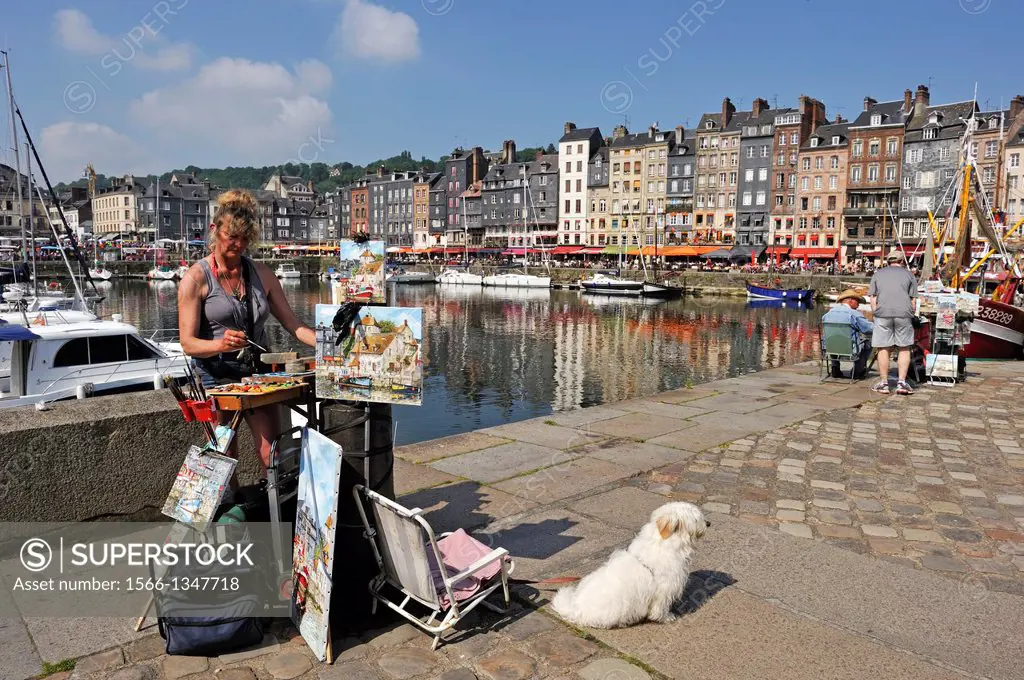 femme peintre sur le port d'Honfleur,departement du Calvados,region Basse-Normandie,France,Europe/painter at Honfleur harbour,Calvados department,Lowe...