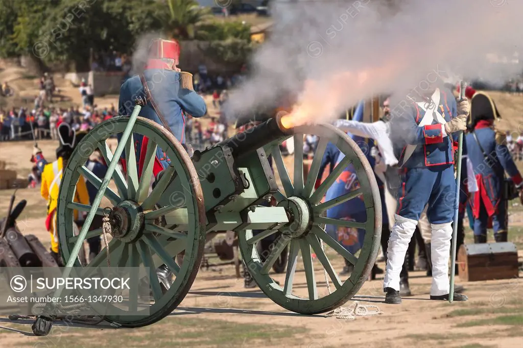French troops firing cannon on the battlefield during the Representation of the Battle of Bailen, Bailen, Jaen province, Andalusia, Spain.