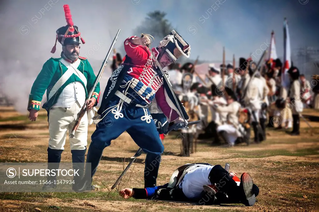 French Soldier attacking enemy soldier during Representation of the Battle of Bailen, Bailen Jaen province, Andalusia, Spain.