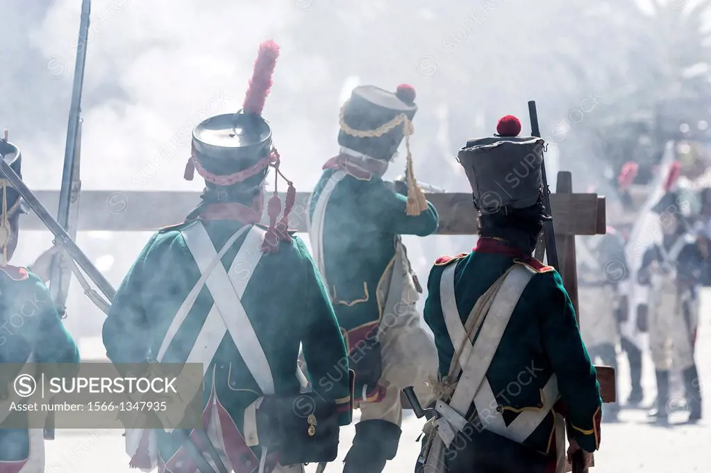 French Soldier attacking enemy soldier during Representation of the Battle of Bailen, Bailen Jaen province, Andalusia, Spain.