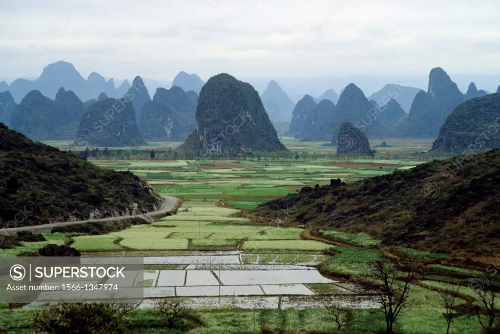 CHINA, NEAR GUILIN, VIEW OF LIME STONE MOUNTAINS WITH FIELDS NEAR THE LI RIVER.