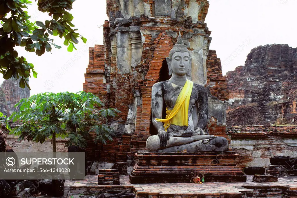 THAILAND, AYUTHAYA, WAT MAHATHAT RUINS, (@ 1400) SEATED BUDDHA, KHMER-STYLE PRANG (TEMPLE) BACK.