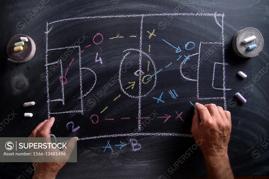 Lesson in tactics and the football patterns drawn with chalk on blackboard.