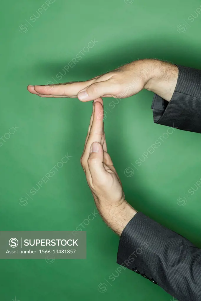 hand gesture of a male caucasian in a business suit: two hands showing T for time out.