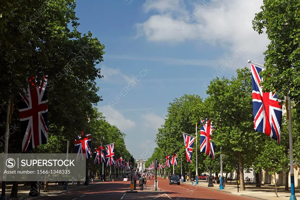 National flags on The Mall avenue, London, UK.