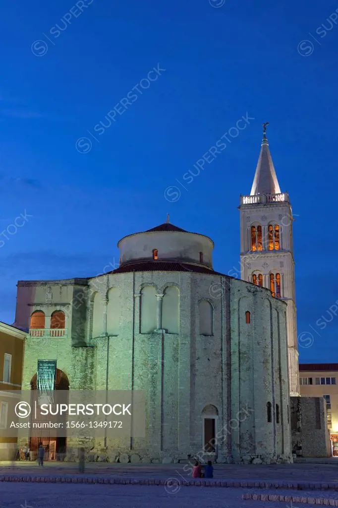 Roman forum with Sv Donat and Sv Stosija at night, Zadar, Croatia.