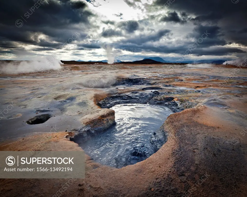 Boiling mud pools in the geothermal Namaskard Volcanic area, Iceland